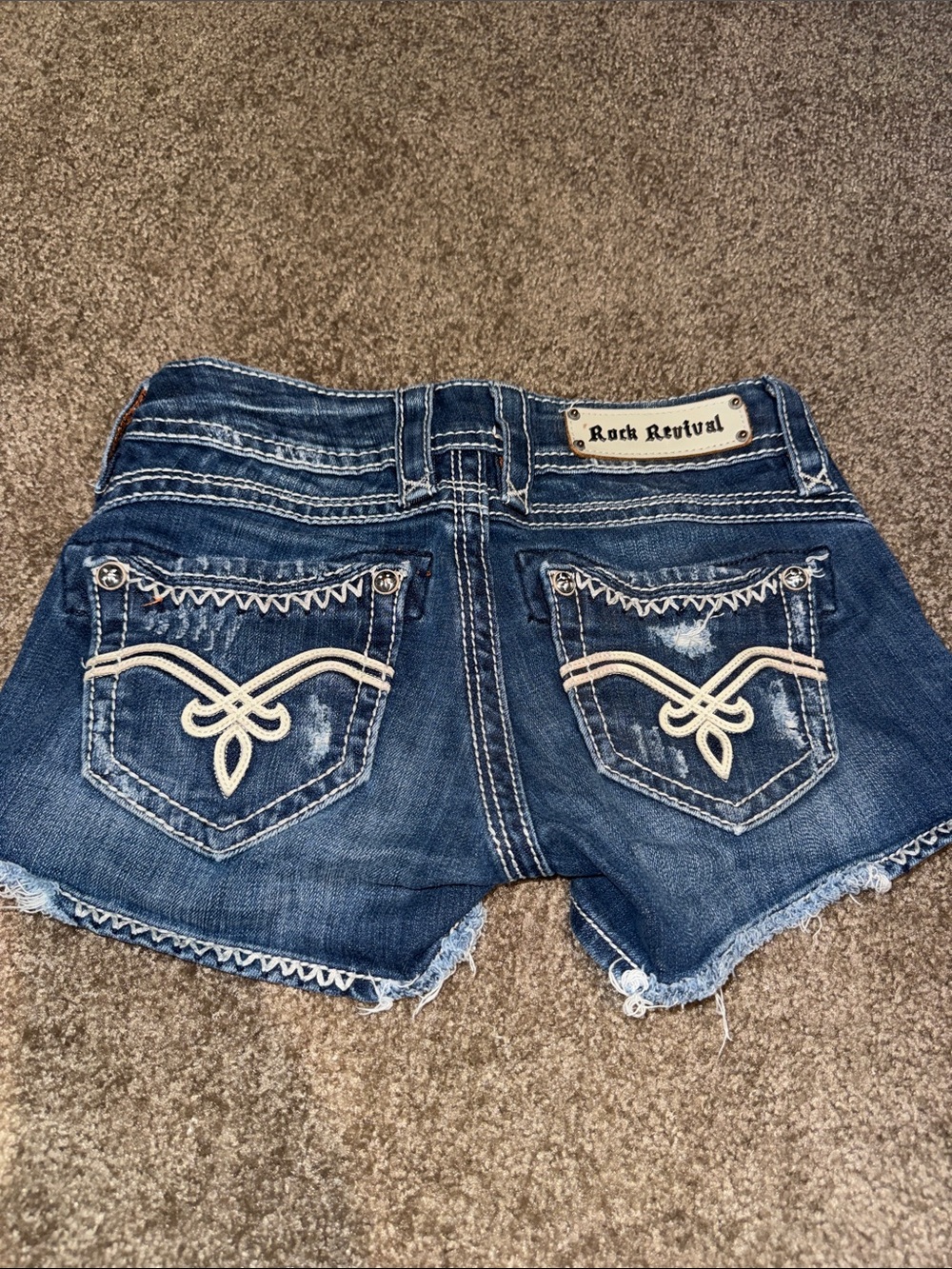 Rock Revival Distressed Dark Blue Denim Cutoff Shorts with Embroidered Pockets
